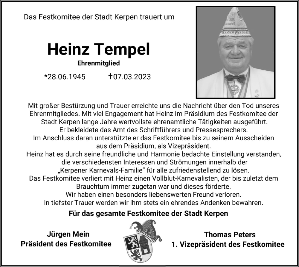  Traueranzeige für Heinz Tempel vom 17.03.2023 aus  Werbepost 