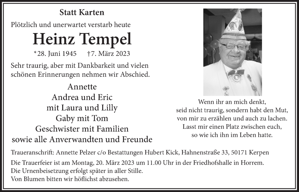 Traueranzeige für Heinz Tempel vom 17.03.2023 aus  Werbepost 