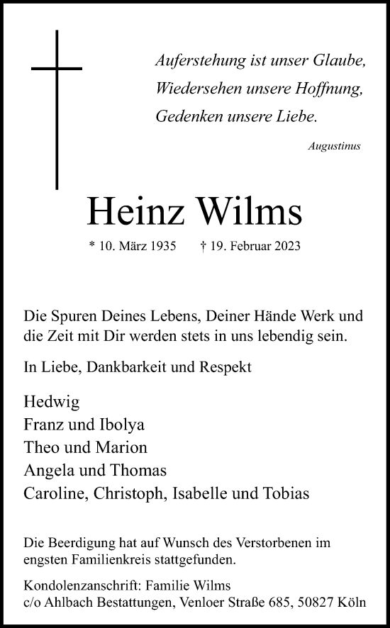 Anzeige von Heinz Wilms von Kölner Stadt-Anzeiger / Kölnische Rundschau / Express