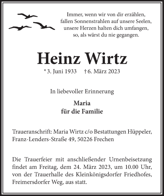 Anzeige von Heinz Wirtz von  Wochenende 