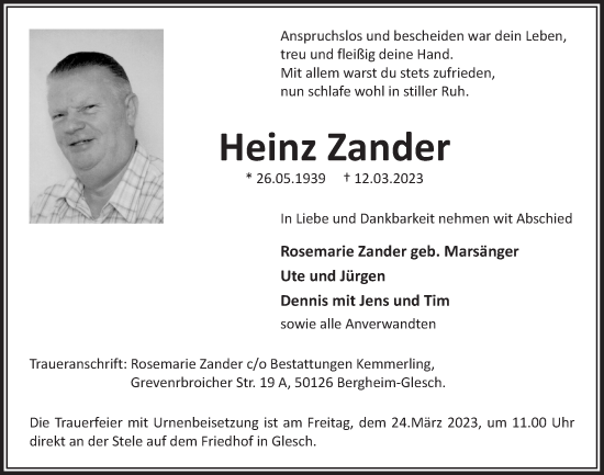 Anzeige von Heinz Zander von  Werbepost 
