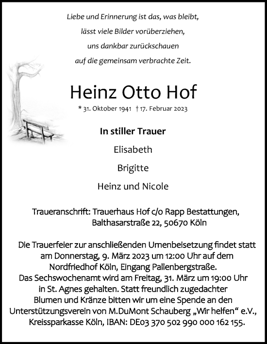 Anzeige von Heinz Otto Hof von Kölner Stadt-Anzeiger / Kölnische Rundschau / Express
