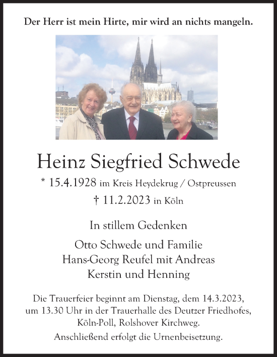 Anzeige von Heinz Siegfried Schwede von Kölner Stadt-Anzeiger / Kölnische Rundschau / Express