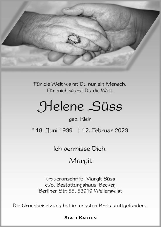 Anzeige von Helene Süss von  Blickpunkt Euskirchen 