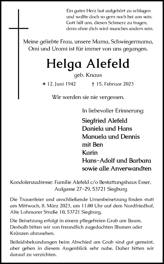 Anzeige von Helga Alefeld von Kölner Stadt-Anzeiger / Kölnische Rundschau / Express