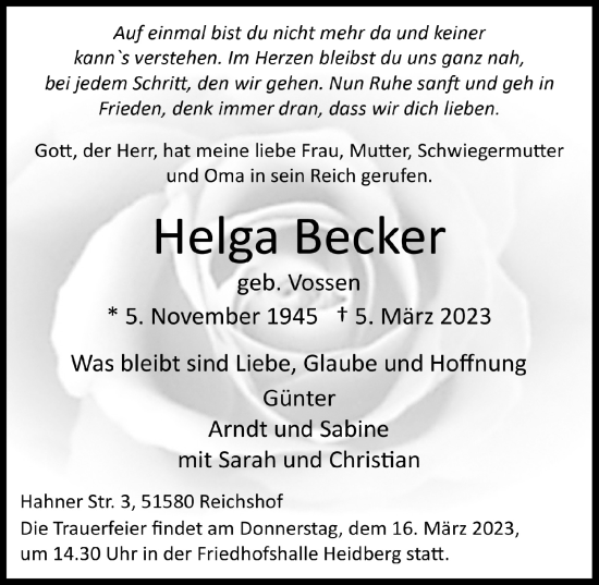 Anzeige von Helga Becker von  Lokalanzeiger 