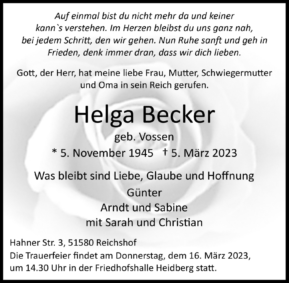  Traueranzeige für Helga Becker vom 10.03.2023 aus  Lokalanzeiger 