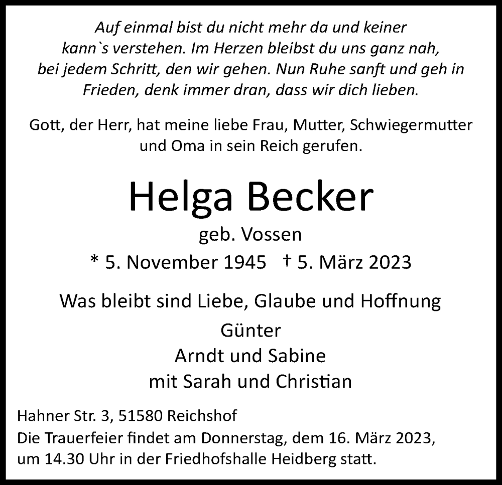  Traueranzeige für Helga Becker vom 11.03.2023 aus Kölner Stadt-Anzeiger / Kölnische Rundschau / Express