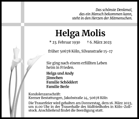 Anzeige von Helga Molis von Kölner Stadt-Anzeiger / Kölnische Rundschau / Express