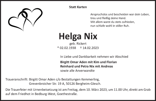 Anzeige von Helga Nix von  Werbepost 