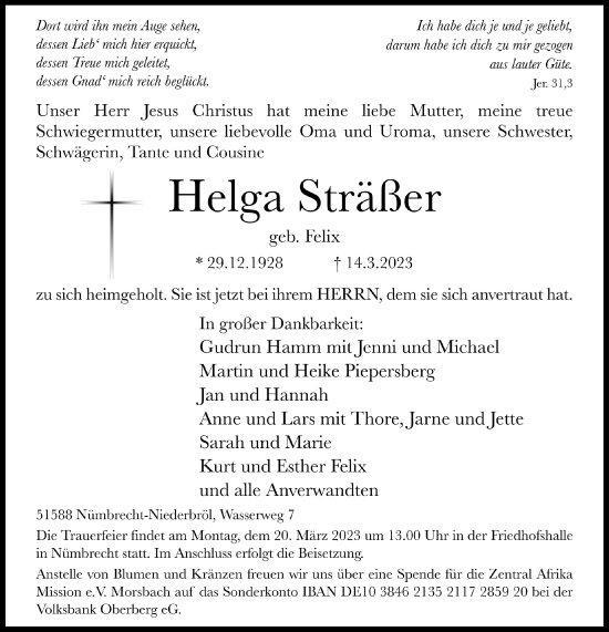 Anzeige von Helga Sträßer von  Lokalanzeiger 