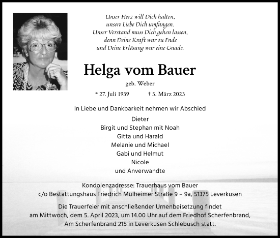 Anzeige von Helga vom Bauer von Kölner Stadt-Anzeiger / Kölnische Rundschau / Express