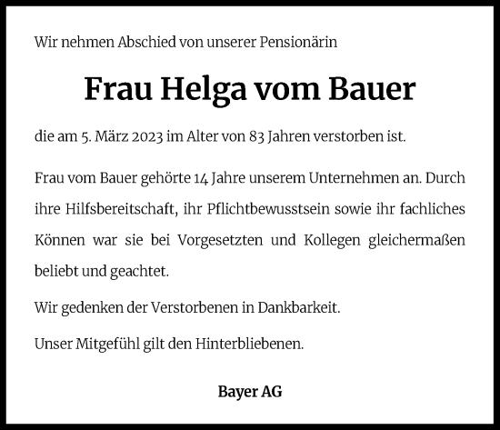 Anzeige von Helga vom Bauer von Kölner Stadt-Anzeiger / Kölnische Rundschau / Express