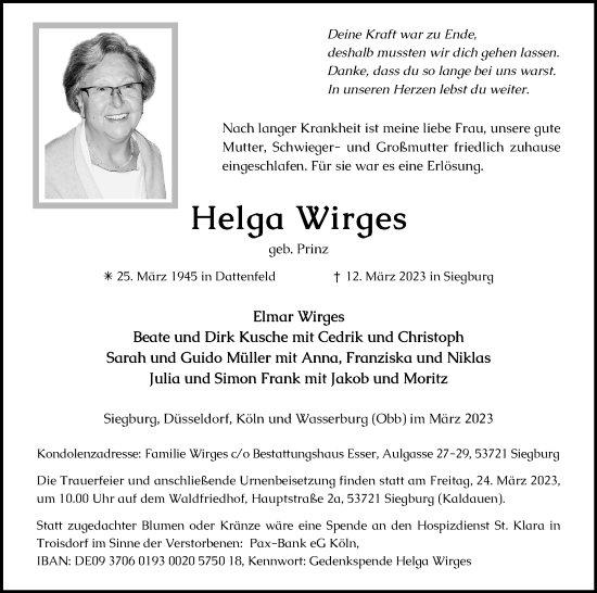 Anzeige von Helga Wirges von Kölner Stadt-Anzeiger / Kölnische Rundschau / Express
