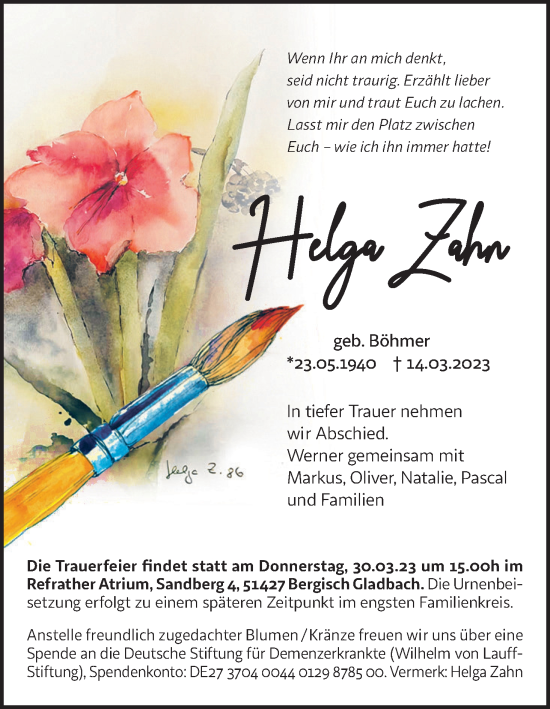 Anzeige von Helga Zahn von Kölner Stadt-Anzeiger / Kölnische Rundschau / Express