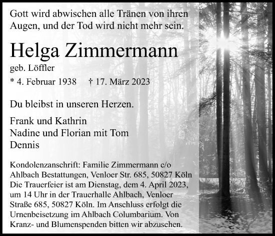 Anzeige von Helga Zimmermann von Kölner Stadt-Anzeiger / Kölnische Rundschau / Express