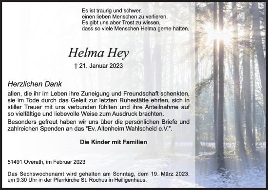 Anzeige von Helma Hey von Kölner Stadt-Anzeiger / Kölnische Rundschau / Express