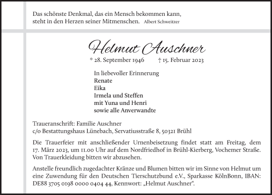 Anzeige von Helmut Auschner von  Schlossbote/Werbekurier 