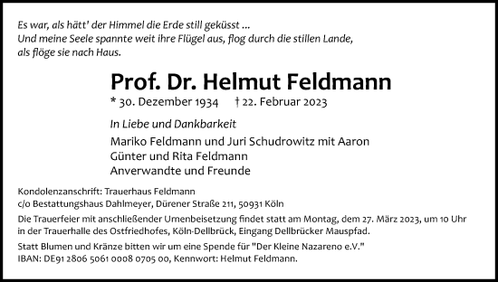 Anzeige von Helmut Feldmann von Kölner Stadt-Anzeiger / Kölnische Rundschau / Express