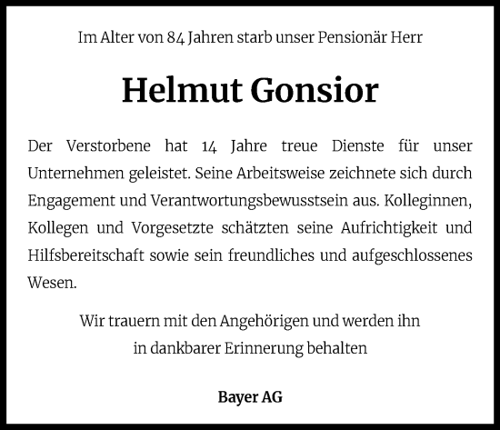 Anzeige von Helmut Gonsior von Kölner Stadt-Anzeiger / Kölnische Rundschau / Express