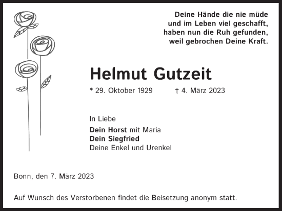 Anzeige von Helmut Gutzeit von Kölner Stadt-Anzeiger / Kölnische Rundschau / Express