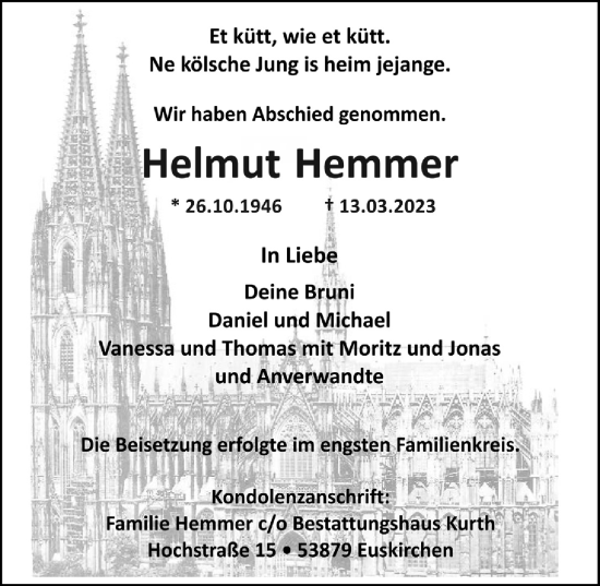 Anzeige von Helmut Hemmer von  Blickpunkt Euskirchen 