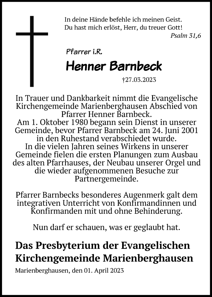  Traueranzeige für Henner Barnbeck vom 01.04.2023 aus Kölner Stadt-Anzeiger / Kölnische Rundschau / Express