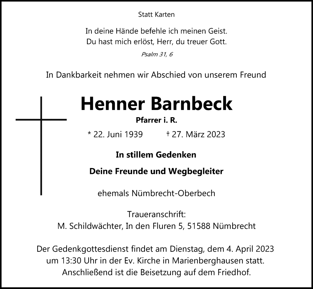  Traueranzeige für Henner Barnbeck vom 29.03.2023 aus Kölner Stadt-Anzeiger / Kölnische Rundschau / Express