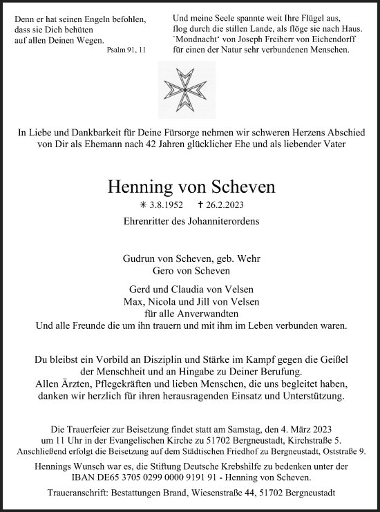 Anzeige von Henning von Scheven von Kölner Stadt-Anzeiger / Kölnische Rundschau / Express