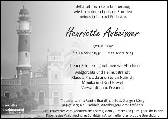 Anzeige von Henriette Anheisser von Kölner Stadt-Anzeiger / Kölnische Rundschau / Express