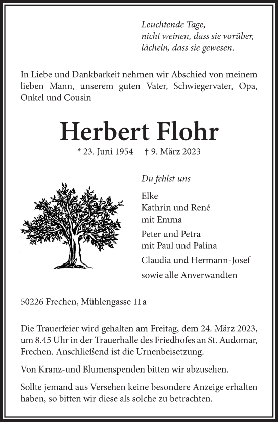 Anzeige von Herbert Flohr von  Wochenende 