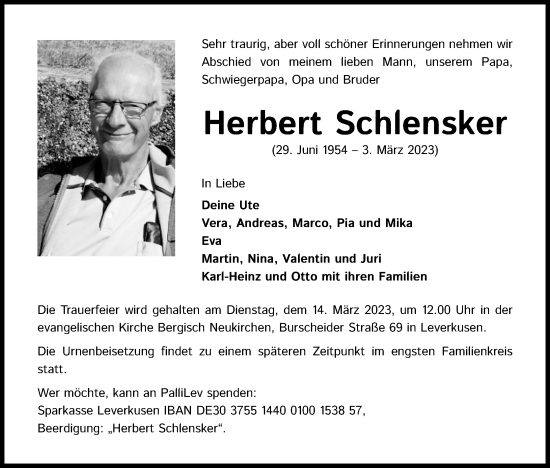 Anzeige von Herbert Schlensker von Kölner Stadt-Anzeiger / Kölnische Rundschau / Express