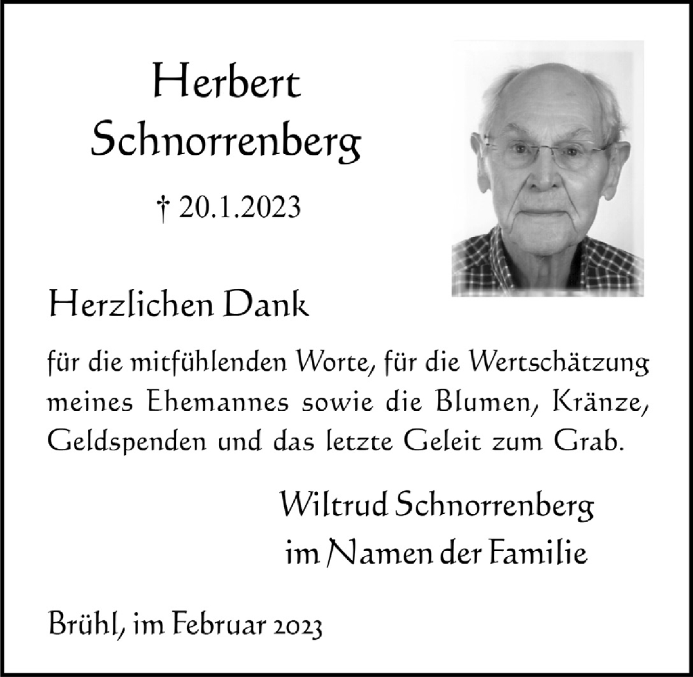  Traueranzeige für Herbert Schnorrenberg vom 03.03.2023 aus  Schlossbote/Werbekurier 