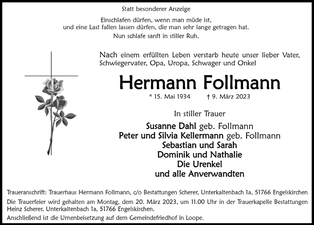  Traueranzeige für Hermann Follmann vom 17.03.2023 aus  Anzeigen Echo 