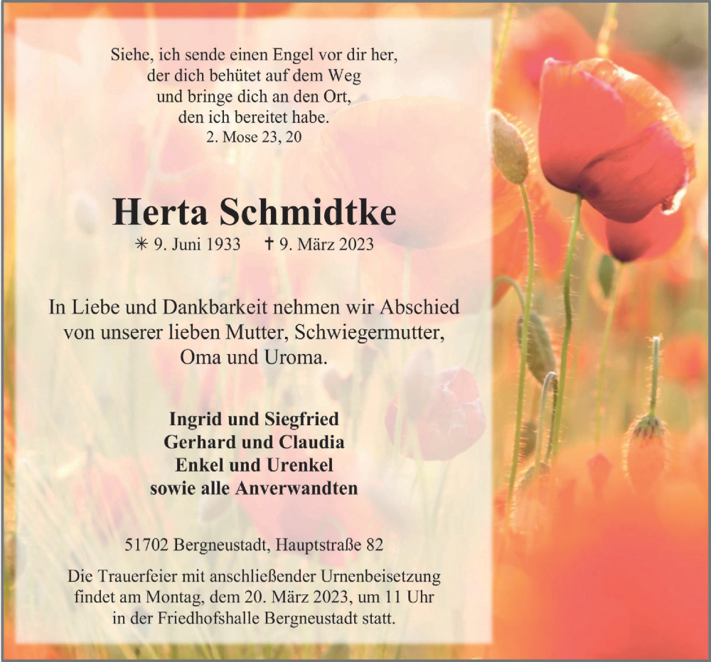  Traueranzeige für Herta Schmidtke vom 17.03.2023 aus  Anzeigen Echo 