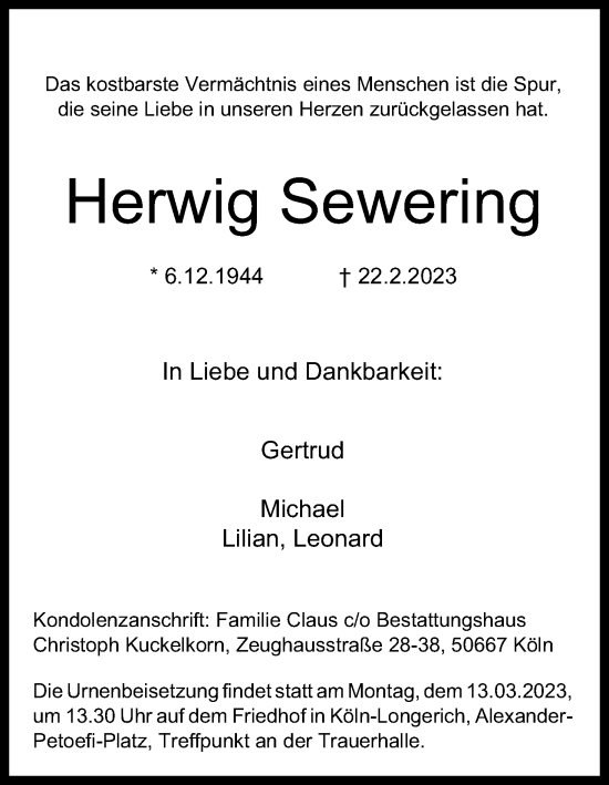 Anzeige von Herwig Sewering von Kölner Stadt-Anzeiger / Kölnische Rundschau / Express