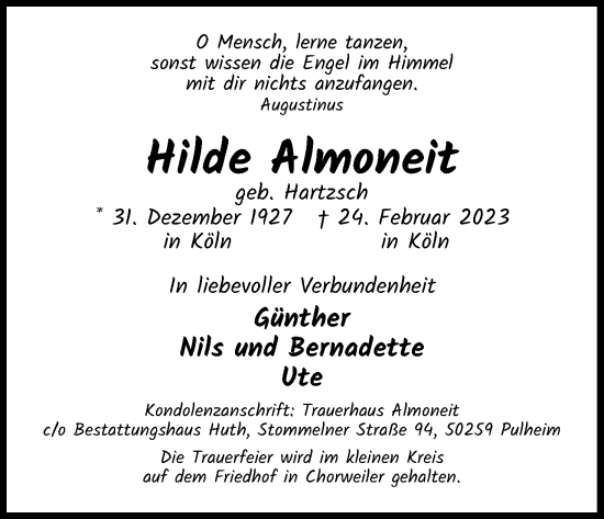 Anzeige von Hilde Almoneit von Kölner Stadt-Anzeiger / Kölnische Rundschau / Express