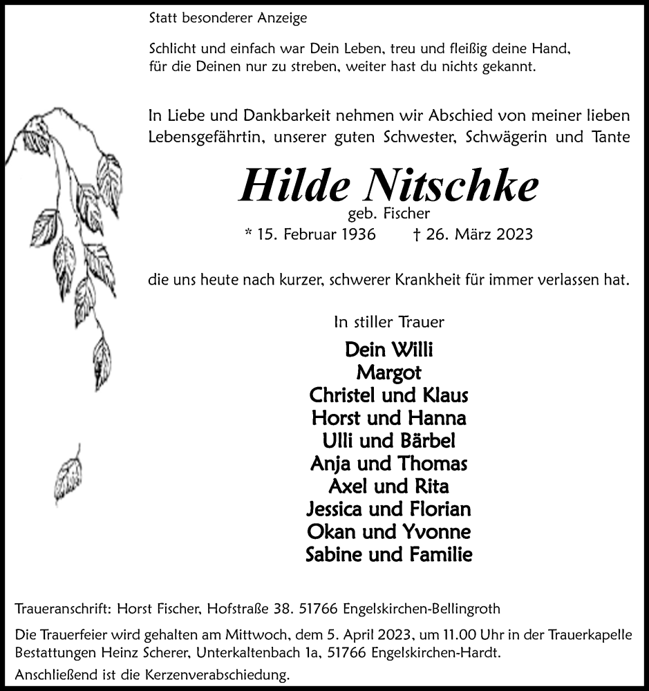  Traueranzeige für Hilde Nitschke vom 29.03.2023 aus Kölner Stadt-Anzeiger / Kölnische Rundschau / Express