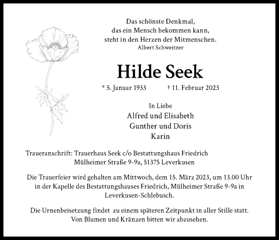 Anzeige von Hilde Seek von Kölner Stadt-Anzeiger / Kölnische Rundschau / Express