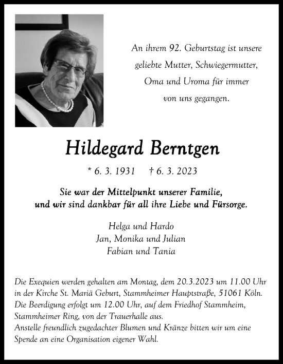 Anzeige von Hildegard Berntgen von Kölner Stadt-Anzeiger / Kölnische Rundschau / Express