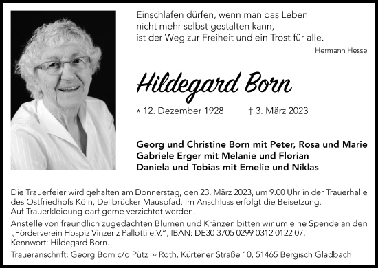 Anzeige von Hildegard Born von Kölner Stadt-Anzeiger / Kölnische Rundschau / Express