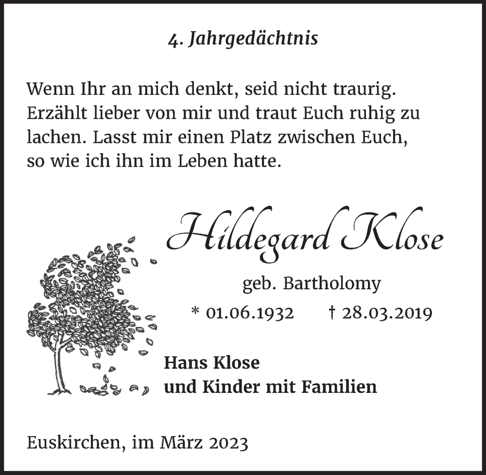  Traueranzeige für Hildegard Klose vom 18.07.2023 aus  Blickpunkt Euskirchen 
