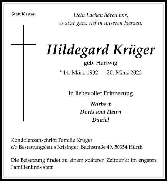 Anzeige von Hildegard Krüger von  Wochenende 