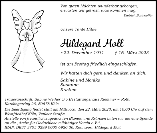 Anzeige von Hildegard Moll von Kölner Stadt-Anzeiger / Kölnische Rundschau / Express