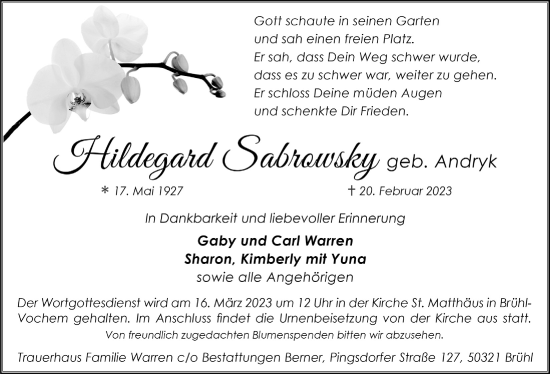 Anzeige von Hildegard Sabrowsky von  Schlossbote/Werbekurier 