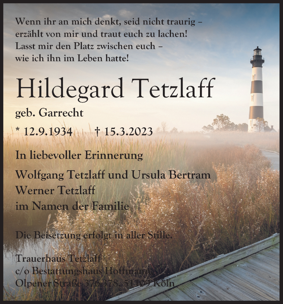  Traueranzeige für Hildegard Tetzlaff vom 18.03.2023 aus Kölner Stadt-Anzeiger / Kölnische Rundschau / Express