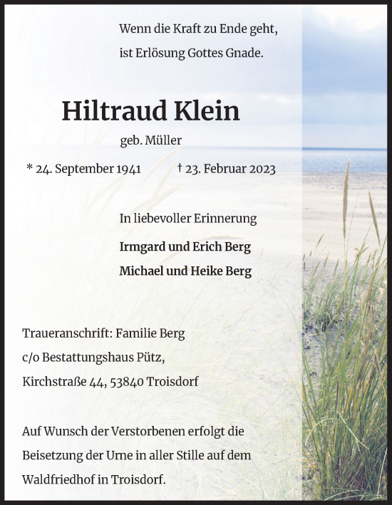 Anzeige von Hiltraud Klein von Kölner Stadt-Anzeiger / Kölnische Rundschau / Express