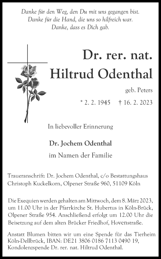 Anzeige von Hiltrud Odenthal von Kölner Stadt-Anzeiger / Kölnische Rundschau / Express