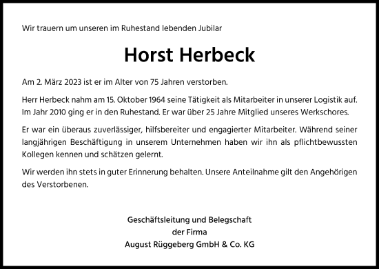 Anzeige von Horst Herbeck von Kölner Stadt-Anzeiger / Kölnische Rundschau / Express