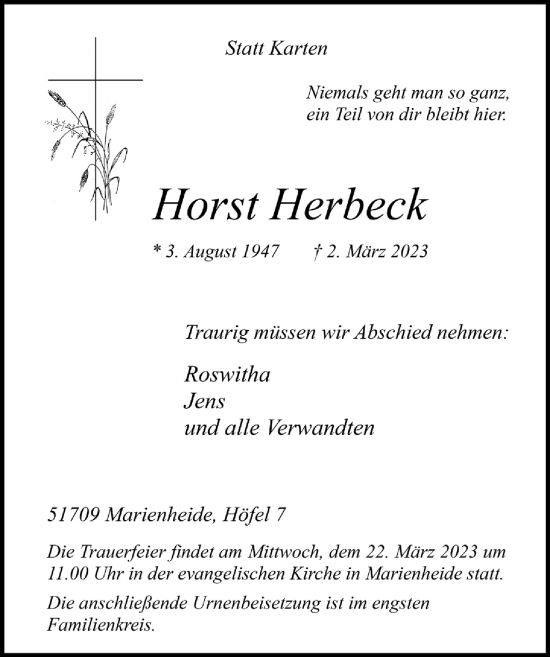 Anzeige von Horst Herbeck von  Anzeigen Echo 